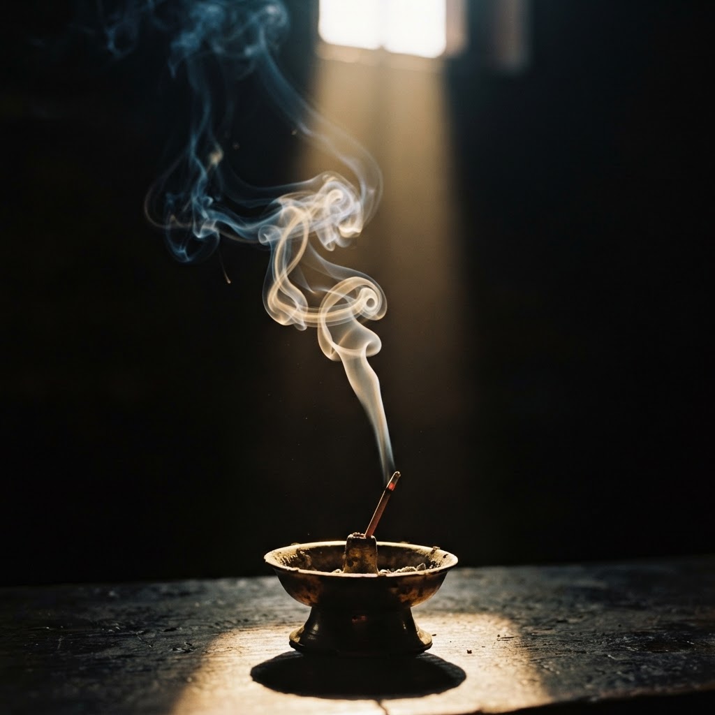 Incense smoke rising in a shaft of golden light
